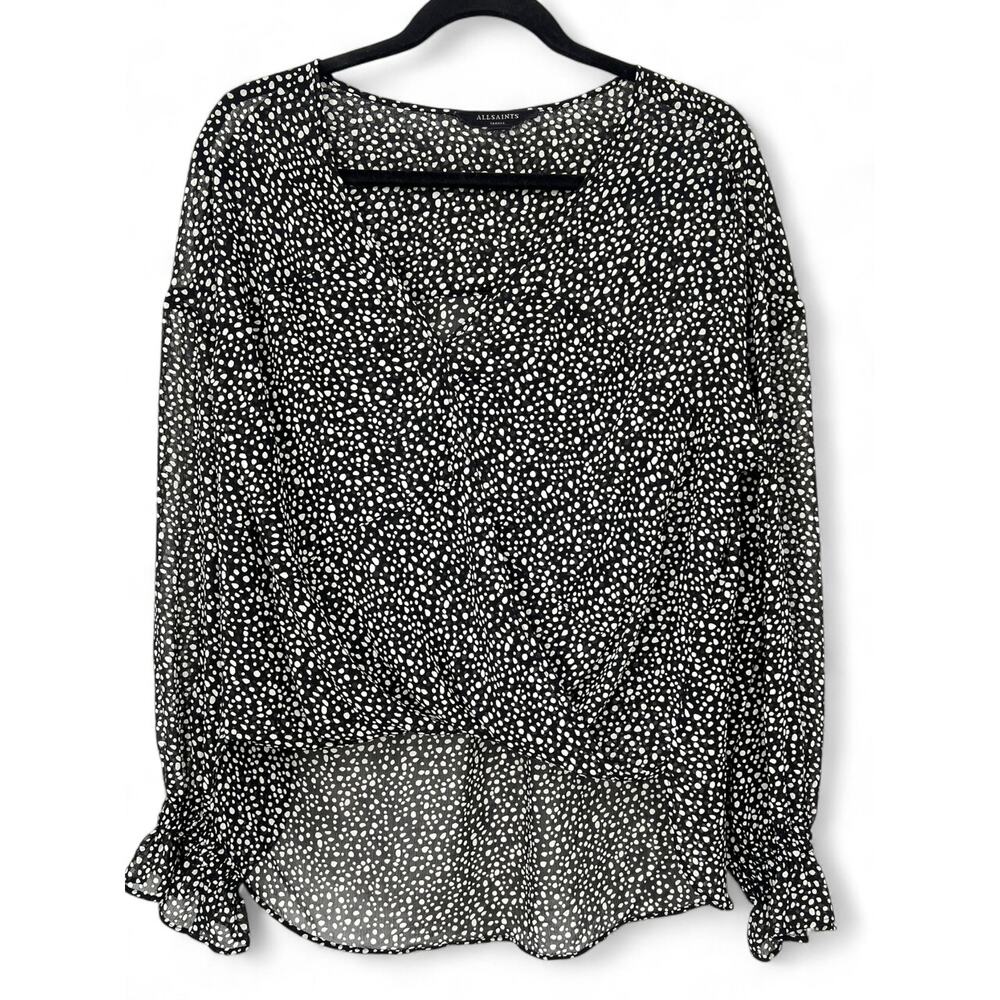AllSaints S Penny Splash Crossover Top Blouse Shirt Dots Women Ruffle Wrap Vneck - Picture 2 of 6
